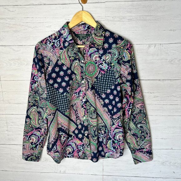 Lauren Ralph Lauren Top Womens Size Large Colorful Paisley Patchwork Non Iron - Picture 3 of 16